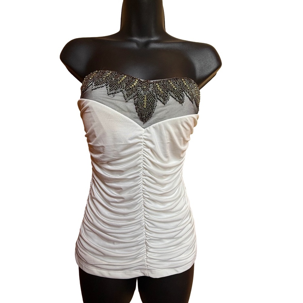 Wild Cat Elegant White Ruched Strapless Top with Black and Gold Detail